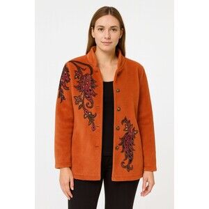 Burnt Orange Embroidered Button Jacket Coat Wearable Art M Bob Mackie Mid-Length